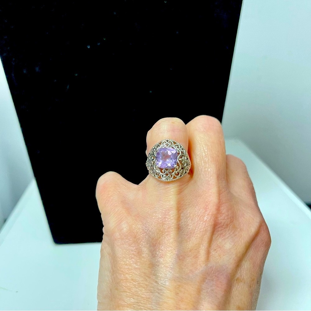 Filagree KARIS Stamped Rose De France Amethyst Pinky Cocktail  Ring